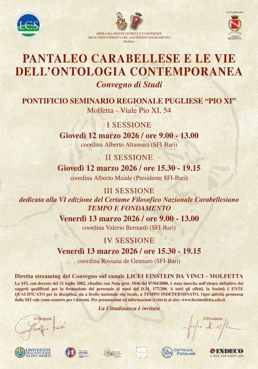 Convegno "Pantaleo Carabellese e le vie dell'ontologia contemporanea" (12-13 marzo) - SFI Bari