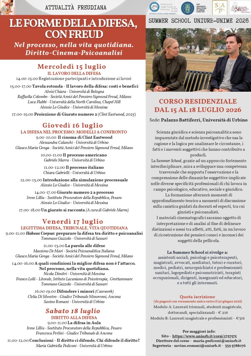 Summer School 2026 "Le forme della difesa, con Freud" (15-18 luglio) - SFI Urbino