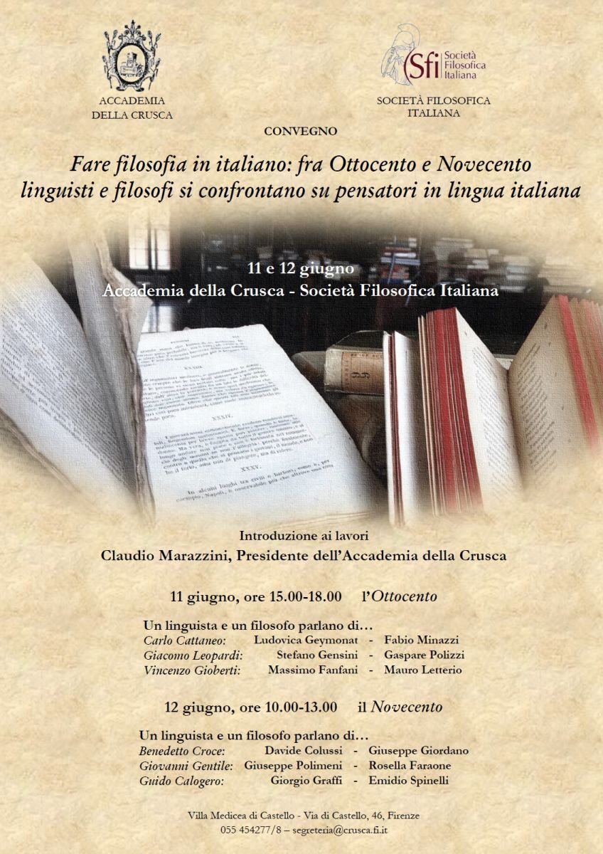 CONVEGNO: Fare filosofia in italiano: fra Ottocento e Novecento linguisti e filosofi si confrontano su pensatori in lingua italiana