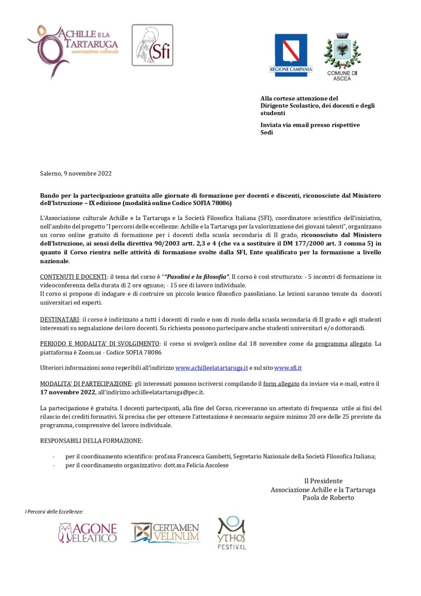 Associazione "Achille e la Tartaruga"  e SFI nazionale: "Pasolini e la filosofia" - Corso formazione per i docenti della scuola secondaria di II grado