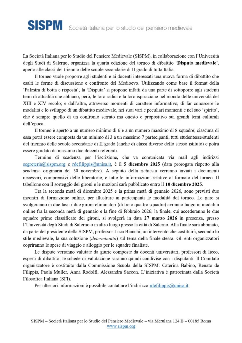 Disputa medievale - Torneo di dibattito per le scuole secondarie di II grado (SISPM)