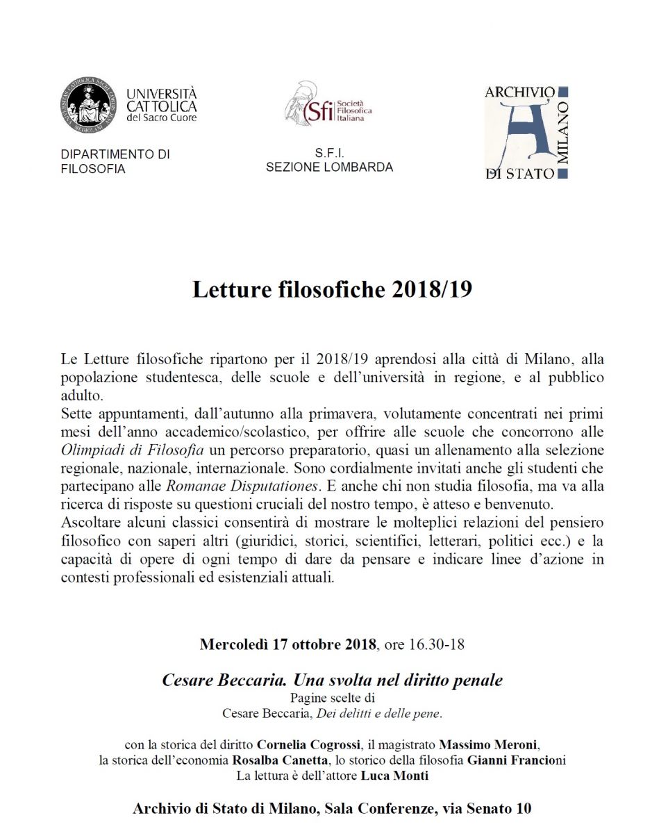 Primo incontro&nbsp;Letture filosofiche 2018/19  - Mercoled&igrave; [e non gioved&igrave;] 17 ottobre 2018: Cesare Beccaria. Una svolta nel diritto penale