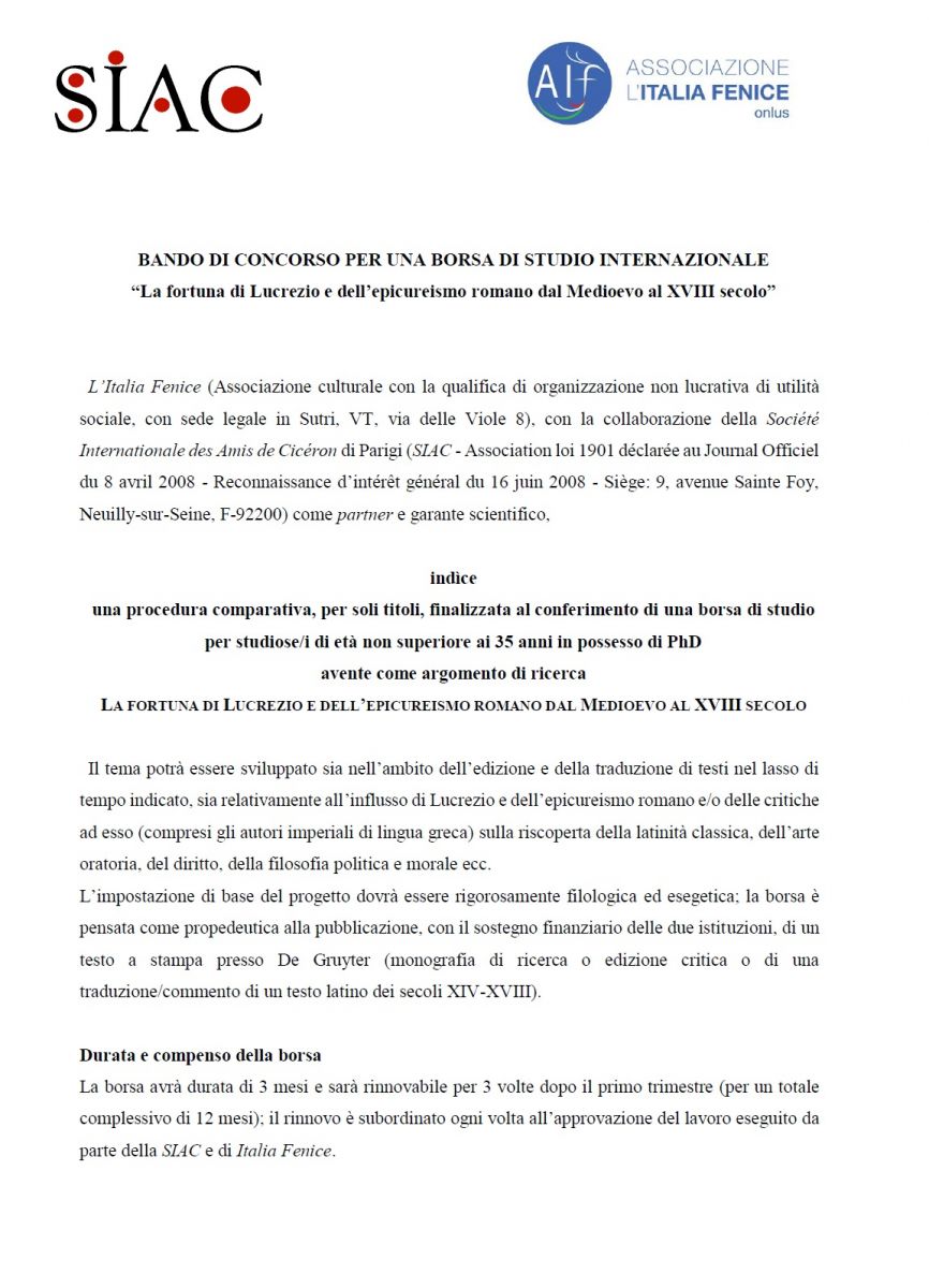 BANDO DI CONCORSO PER UNA BORSA DI STUDIO INTERNAZIONALE : &#8203;"La fortuna di Lucrezio e dell'epicureismo romano dal Medioevo al XVIII secolo"