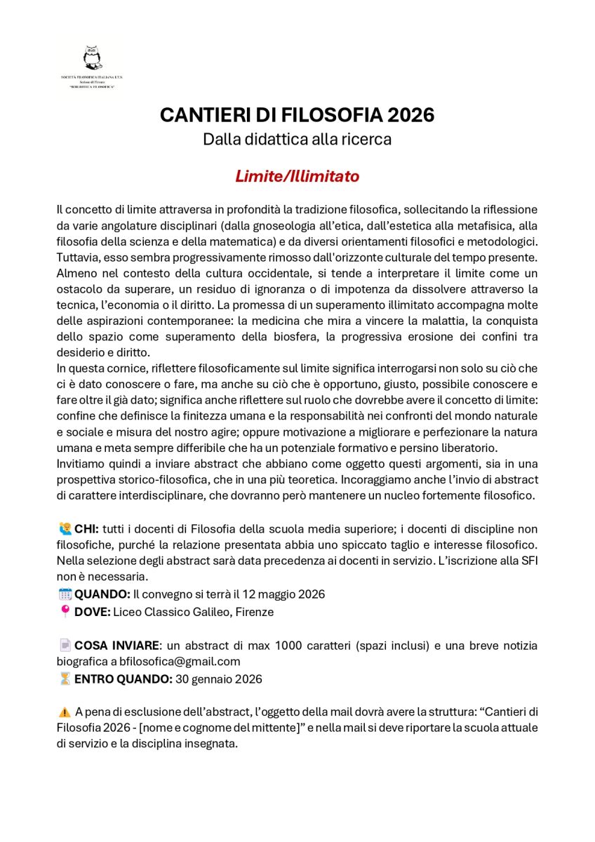 Call "Cantieri di Filosofia 2026" (SFI Firenze)