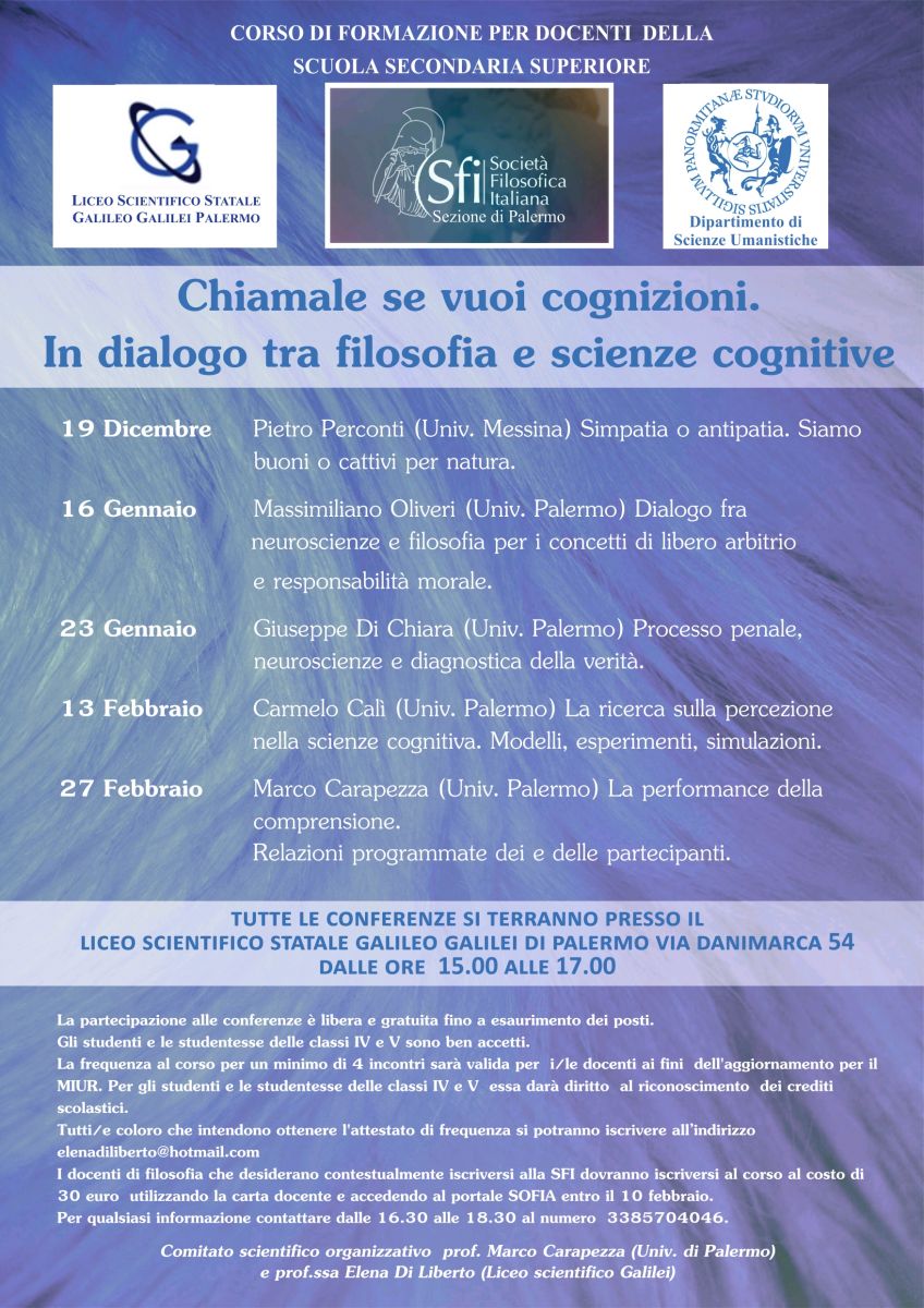 Sezione di Palermo - Ciclo di conferenze: "Chiamale se vuoi cognizioni. In dialogo tra filosofia e scienze cognitive"