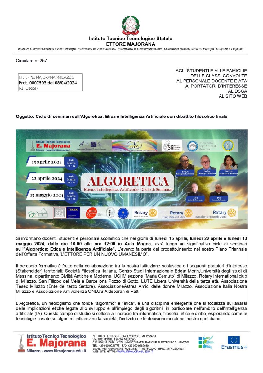 ITTS "Ettore Majorana" (Milazzo) - "Algoretica": Etica e Intelligenza Artificiale per fare il punto sulle prospettive di un futuro migliore