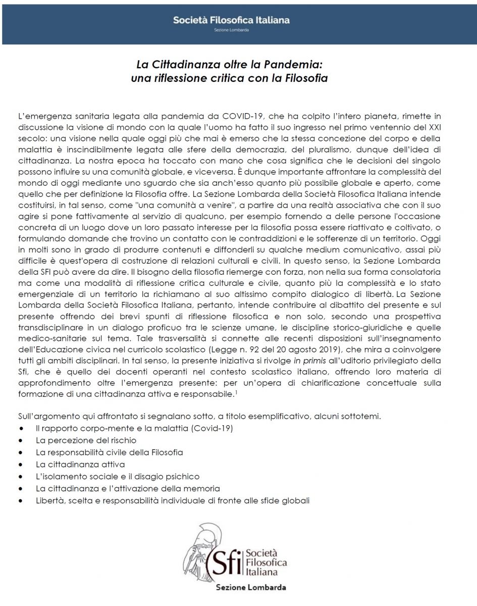 La Cittadinanza oltre la Pandemia: una riflessione critica con la Filosofia - Un progetto della Sfi sezione lombarda