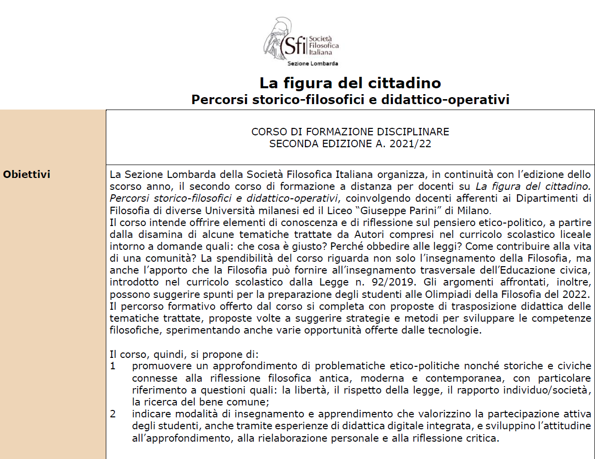 SFI Lombarda - Corso di formazione: La figura del cittadino. Percorsi storico-filosofici e didattico-operativi