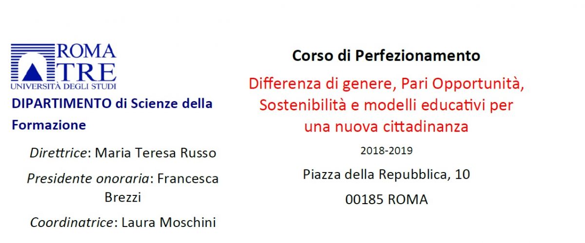 Corso di Perfezionamento Differenza di genere, Pari Opportunit&agrave;, Sostenibilit&agrave; e modelli educativi per una nuova cittadinanza