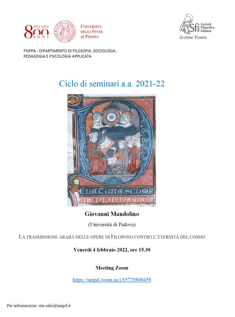 Sezione Veneta - Ciclo di seminari a.a. 2021-22: LA TRASMISSIONE ARABA DELLE OPERE DI FILOPONO CONTRO L'ETERNIT&Agrave; DEL COSMO