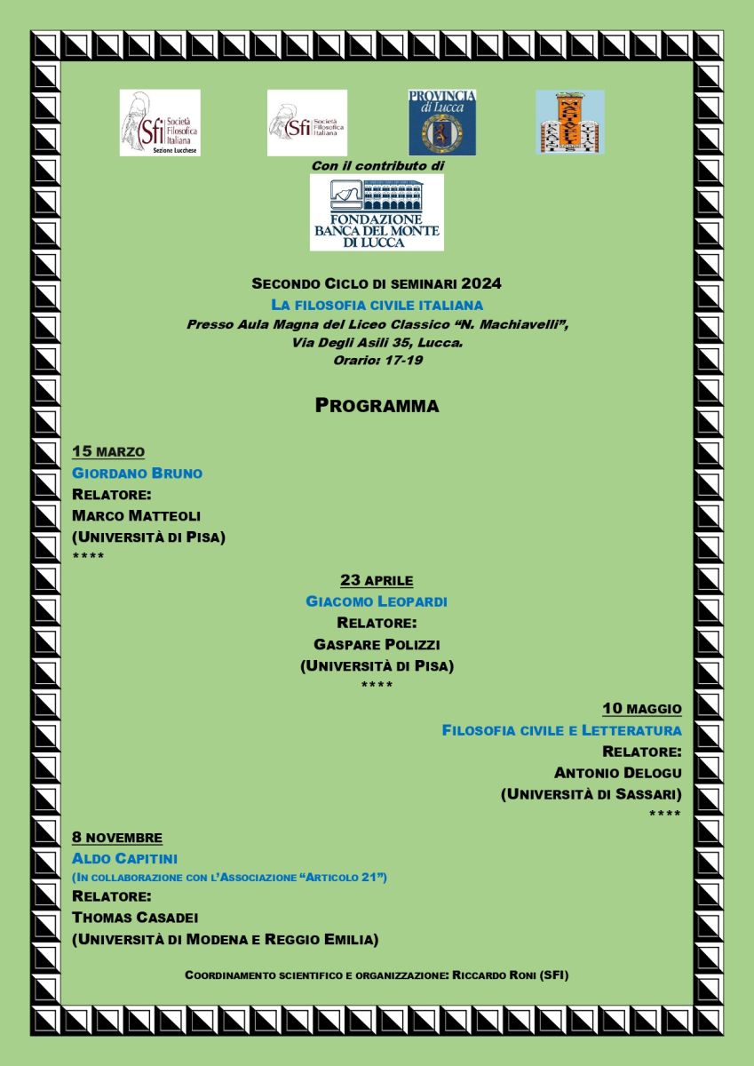 Sezione Lucchese - SECONDO CICLO DI SEMINARI 2024 LA FILOSOFIA CIVILE ITALIANA