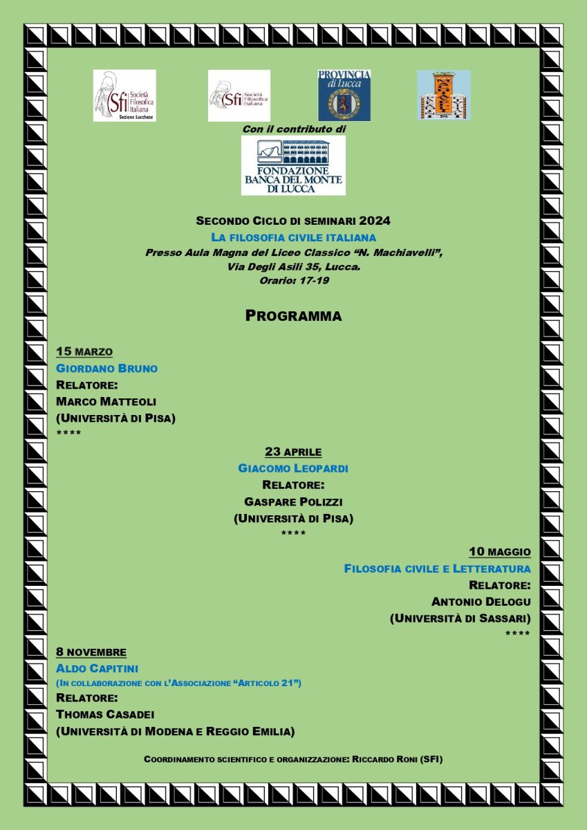 SECONDO CICLO DI SEMINARI 2024 LA FILOSOFIA CIVILE ITALIANA