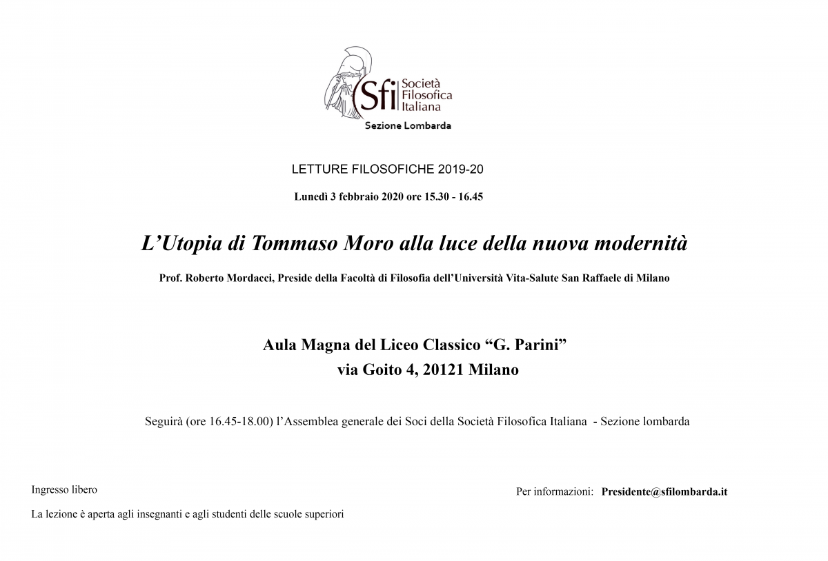 Lettura filosofica: L'Utopia di Tommaso Moro alla luce della nuova modernit&agrave; - A seguire: Assemblea generale dei Soci SFI Lombarda