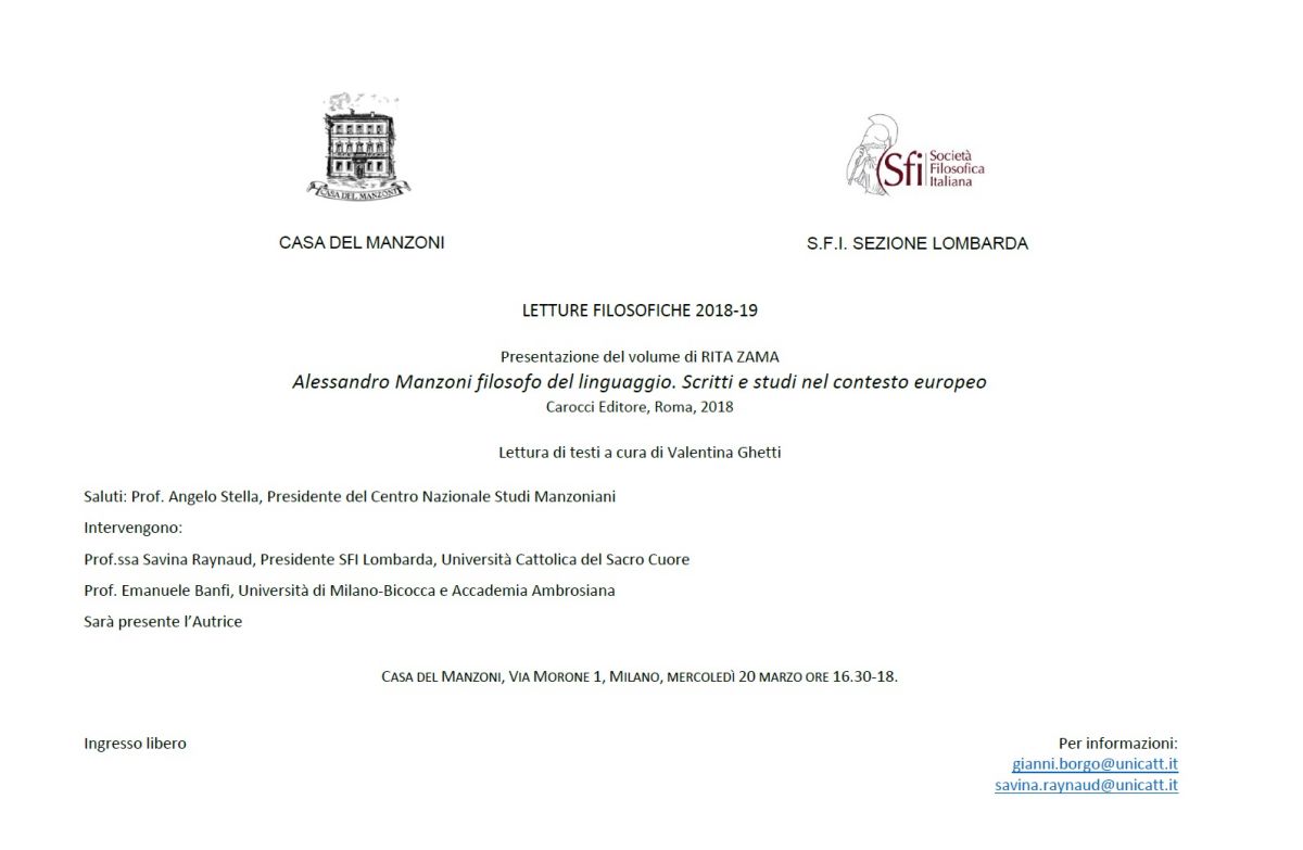 LETTURE FILOSOFICHE 2018-19: Alessandro Manzoni filosofo del linguaggio. Scritti e studi nel contesto europeo