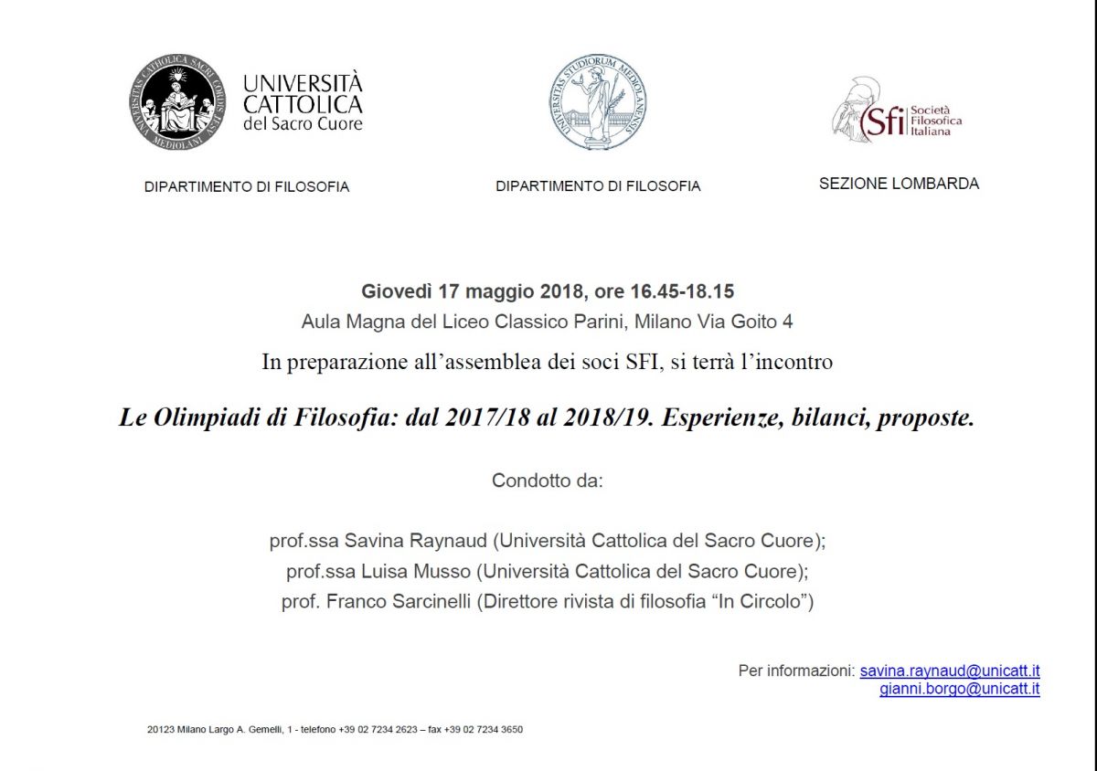 Sezione Lombarda: Le Olimpiadi di Filosofia: dal 2017/18 al 2018/19. Esperienze, bilanci, proposte.