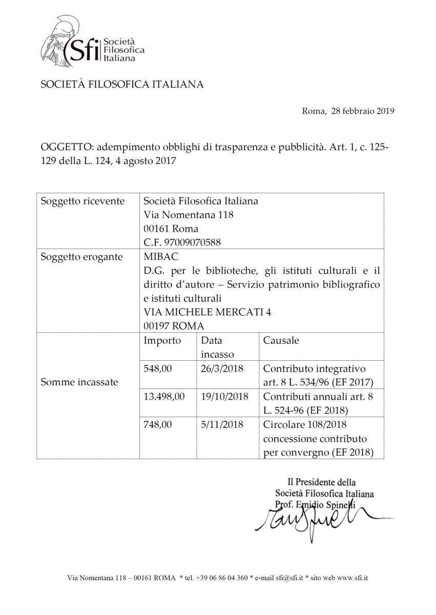 Obblighi trasparenza contributi 2018