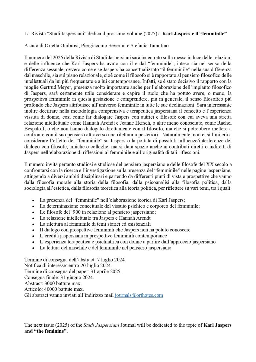 CALL FOR PAPER - La Rivista "Studi Jaspersiani" dedica il prossimo volume (2025) a Karl Jaspers e il "femminile"