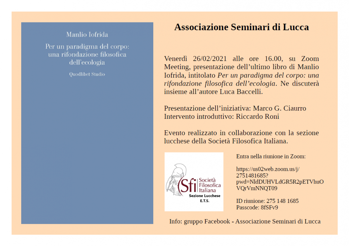 Sezione di Lucca - Presentazione libro: Per un paradigma del corpo: una rifondazione filosofica dell'ecologia