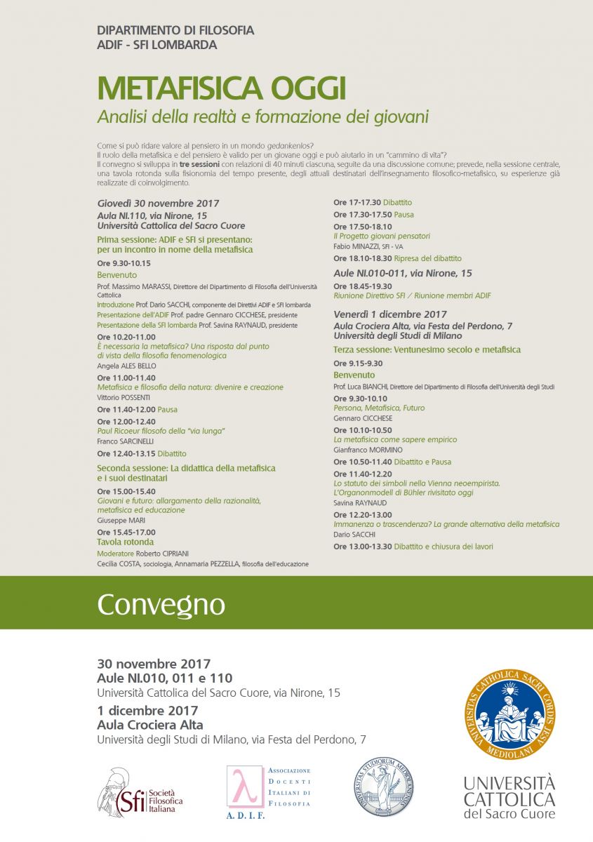 Convegno: METAFISICA OGGI - Analisi della realt&agrave; e formazione dei giovani