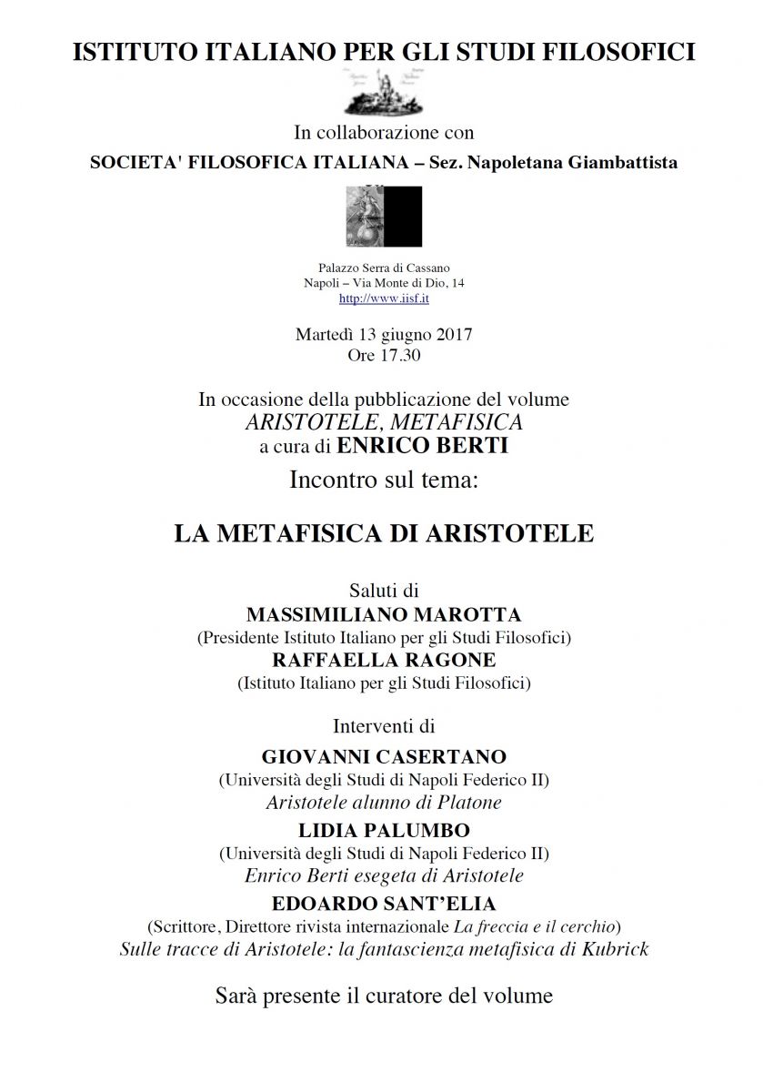 Sezione Napoletana - IISF - Aristotele, La Metafisica presentazione del libro a cura di Enrico Berti