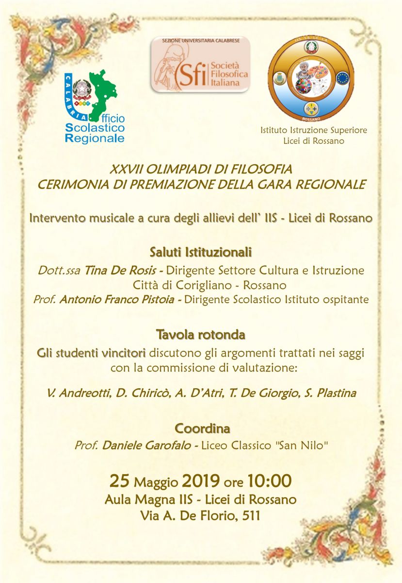 Sezione Universitaria Calabrese: XXVII OLIMPIADI DI FILOSOFIA CERIMONIA DI PREMIAZIONE DELLA GARA REGIONALE