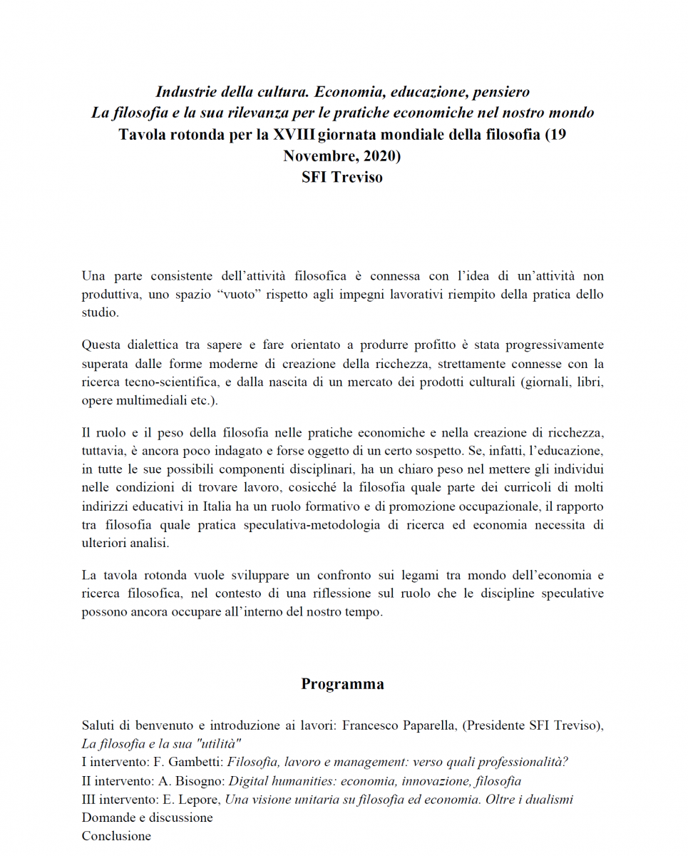 SFI Treviso - Industrie della cultura. Economia, educazione, pensiero. La filosofia e la sua rilevanza per le pratiche economiche nel nostro mondo