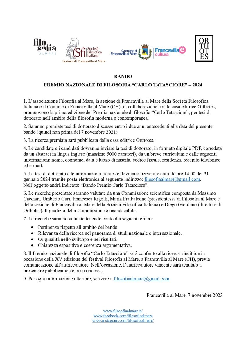 BANDO PREMIO NAZIONALE DI FILOSOFIA "CARLO TATASCIORE" &ndash; 2024 (SEZIONE SFI FRANCAVILLA AL MARE)