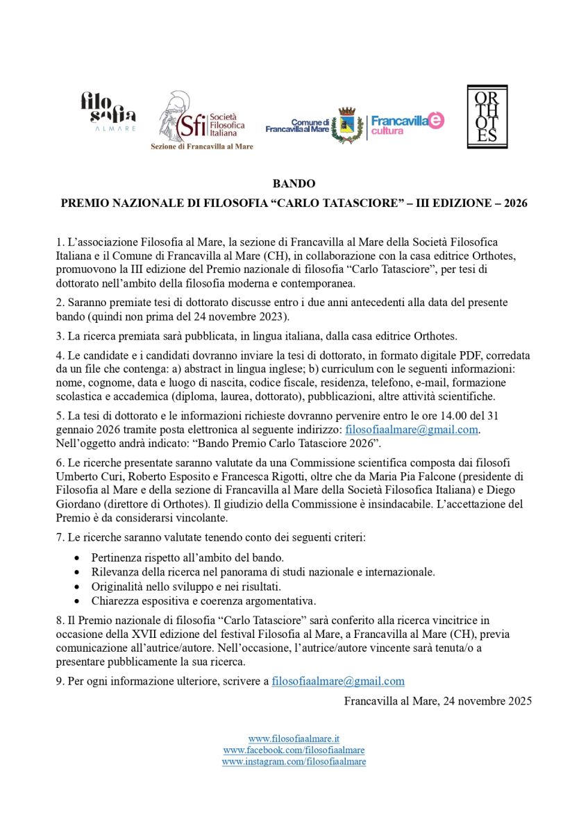 Bando premio nazionale di filosofia "Carlo Tatasciore" &ndash; III edizione &ndash; 2026 (Sfi Francavilla)