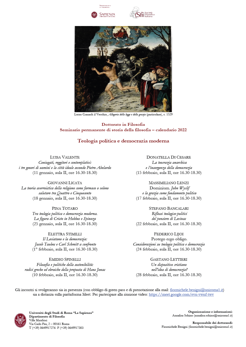 Dottorato in Filosofia UniRoma1 - Seminario permanente di storia della filosofia: Teologia politica e democrazia moderna (calendario 2022)