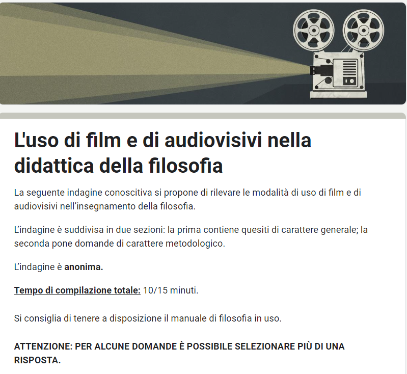 Indagine conoscitiva sull'uso del cinema e degli audiovisivi in genere nella didattica della filosofia (scadenza 14 maggio 2023)
