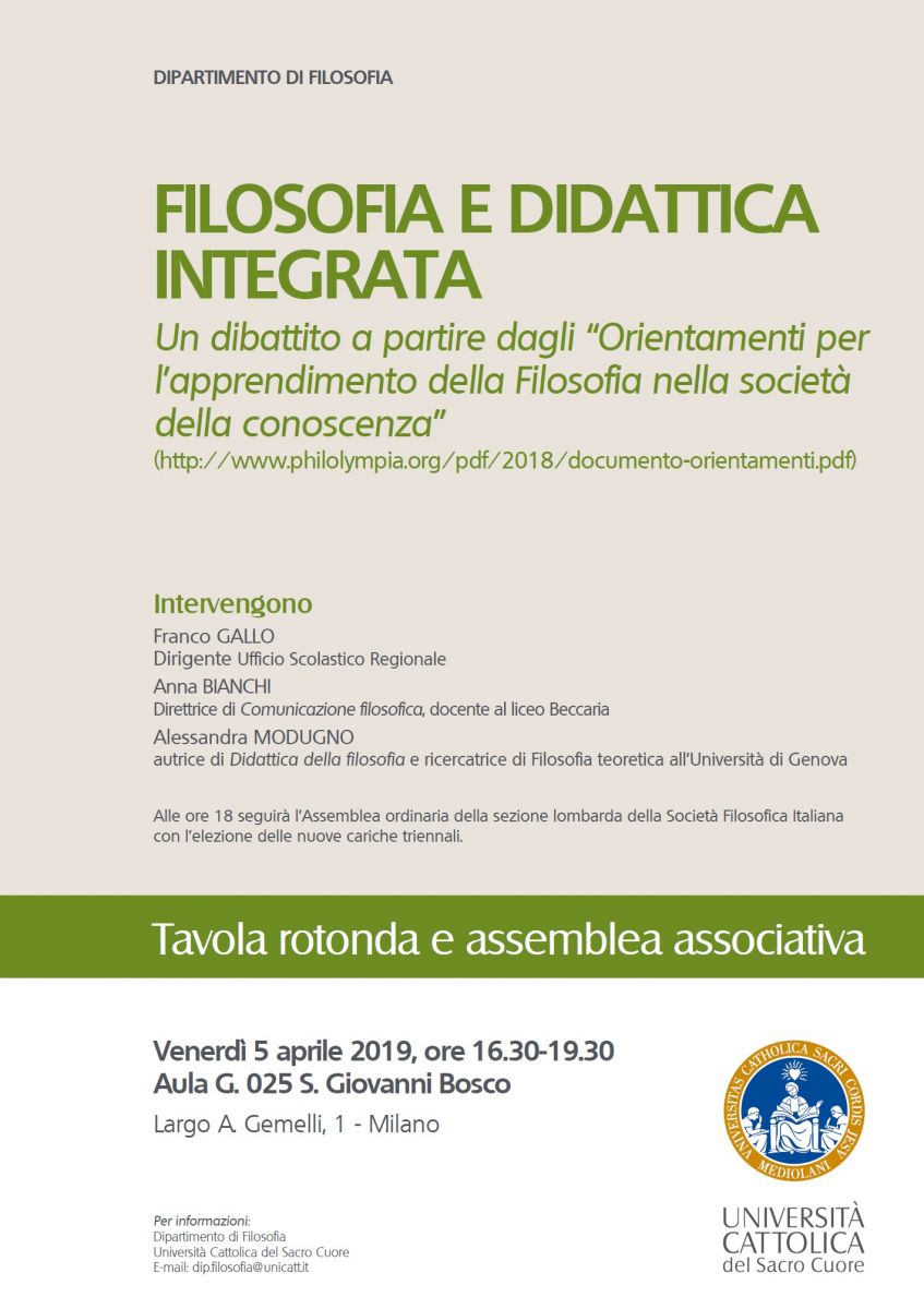 FILOSOFIA E DIDATTICA INTEGRATA Un dibattito a partire dagli "Orientamenti per l'apprendimento della Filosofia nella societ&agrave; della conoscenza"