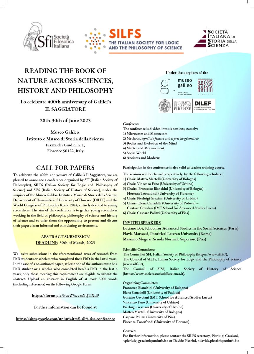 READING THE BOOK OF NATURE ACROSS SCIENCES, HISTORY AND PHILOSOPHY - Per il quattrocentesimo anniversario della pubblicazione de "Il Saggiatore"