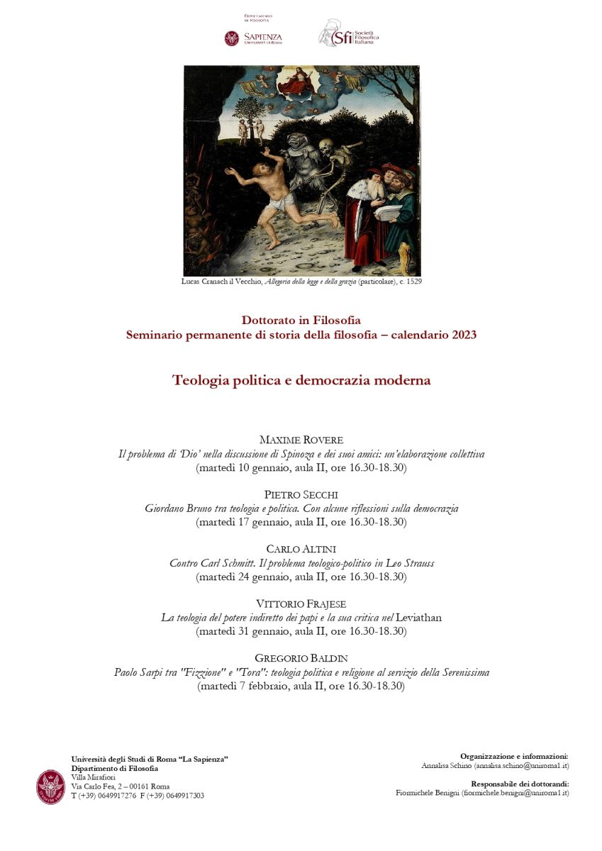 Dottorato in Filosofia - Seminario permanente di storia della filosofia: Teologia politica e democrazia moderna (calendario 2023)