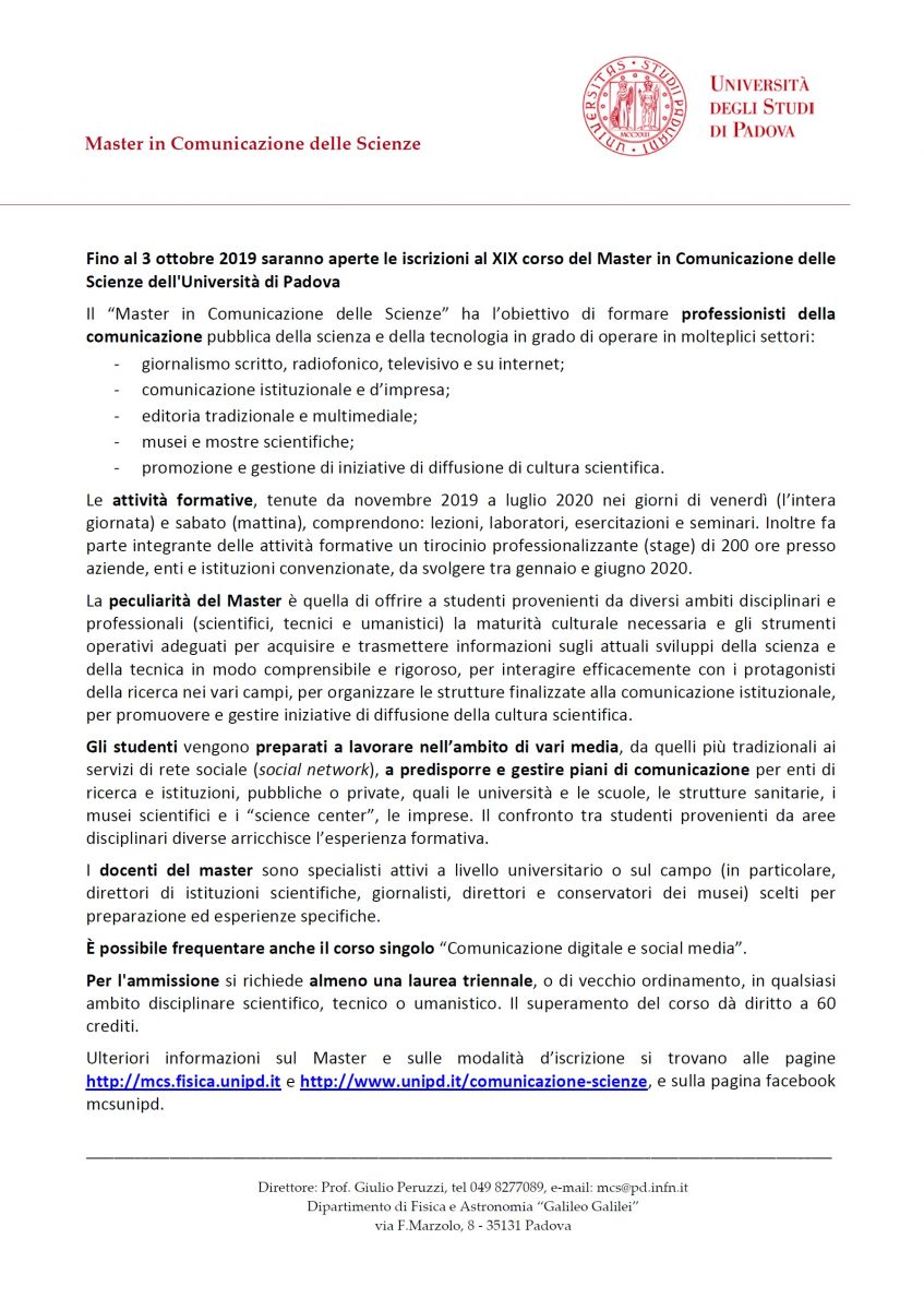Universit&agrave; di Padova - Master in Comunicazione delle Scienze