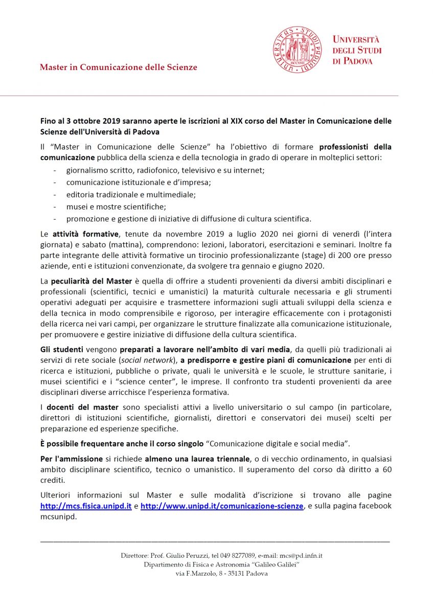 Universit&agrave; di Padova - Master in Comunicazione delle Scienze