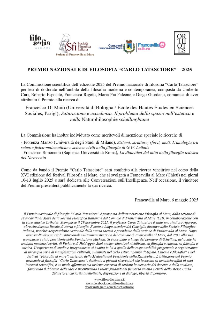 PREMIO NAZIONALE DI FILOSOFIA "CARLO TATASCIORE" &ndash; 2025