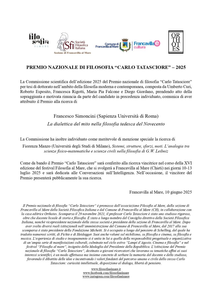 SEZIONE "FRANCAVILLA AL MARE" - PREMIO NAZIONALE DI FILOSOFIA "CARLO TATASCIORE" &ndash; 2025 - COMUNICATO