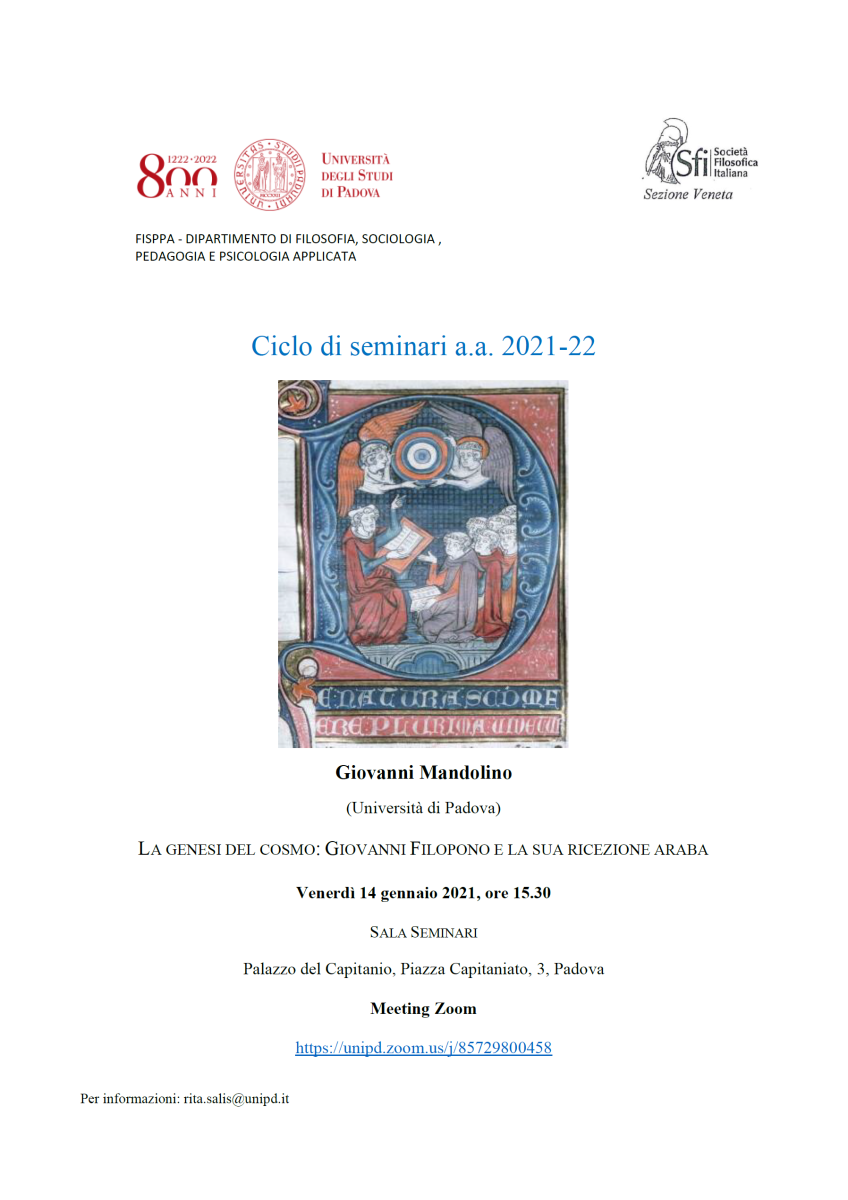 Sezione Veneta - Ciclo di seminari a.a. 2021/22: La genesi del cosmo: Giovanni Filopono e la sua ricezione araba