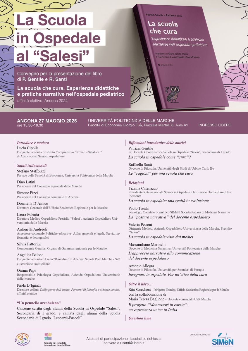 Convegno La Scuola in Ospedale al "Salesi" e presentazione del libro di Patrizia Gentile e Raffaella Santi, "La scuola che cura. Esperienze didattiche e pratiche narrative nell'ospedale pediatrico"