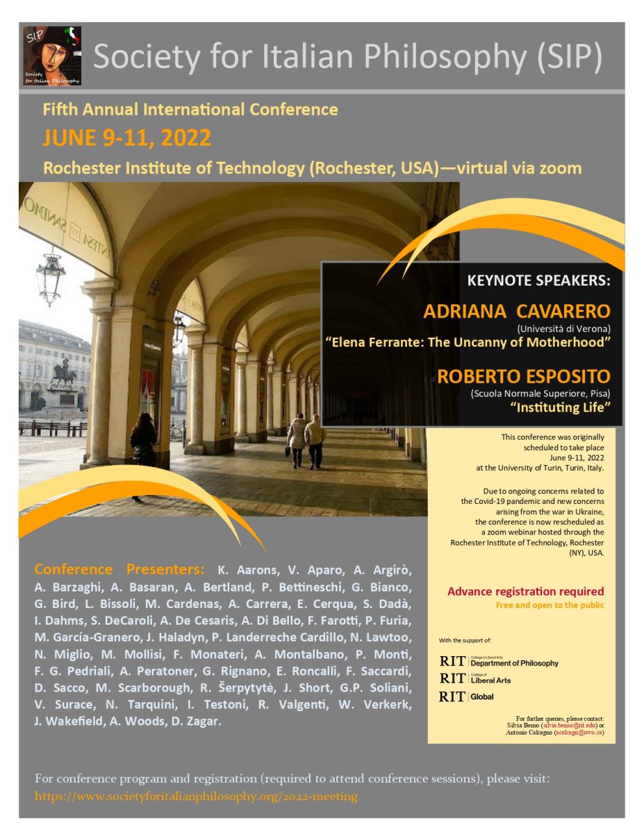 Il socio Nicol&ograve; Tarquini partecipa a "Fifth International Conference -&nbsp;SIP-SOCIETY FOR ITALIAN PHILOSOPHY", Rochester, USA (virtual), 9-11 giugno 2022